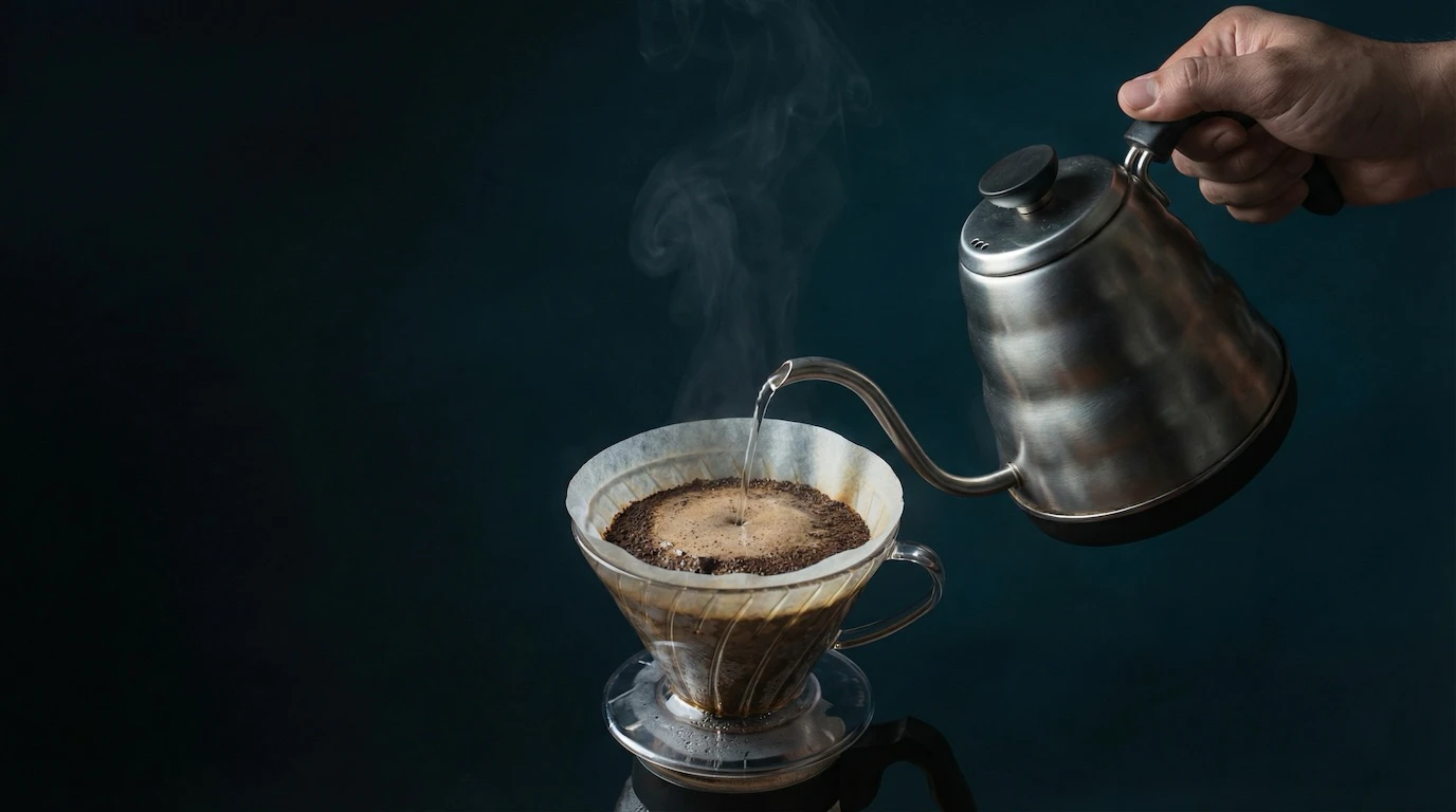 Gooseneck kettle pouring hot water into a blooming V60 pour-over dripper with rising steam against deep teal background