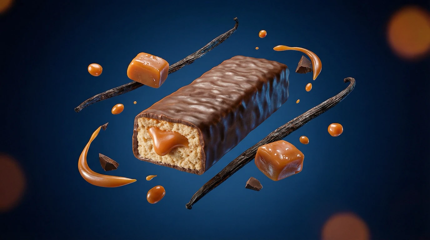 Protein bar with floating ingredients against dark blue background