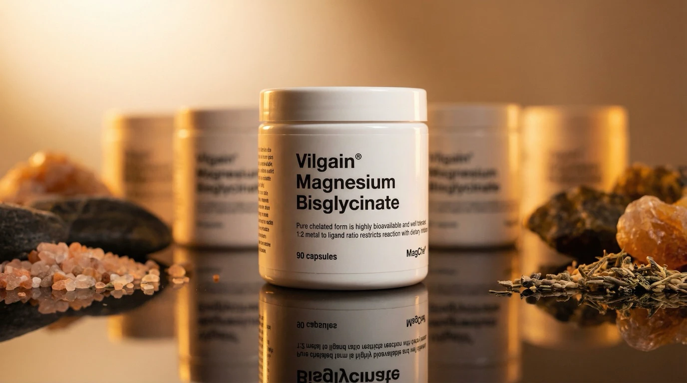 Magnesium Bisglycinate bottles with botanicals and Himalayan salt