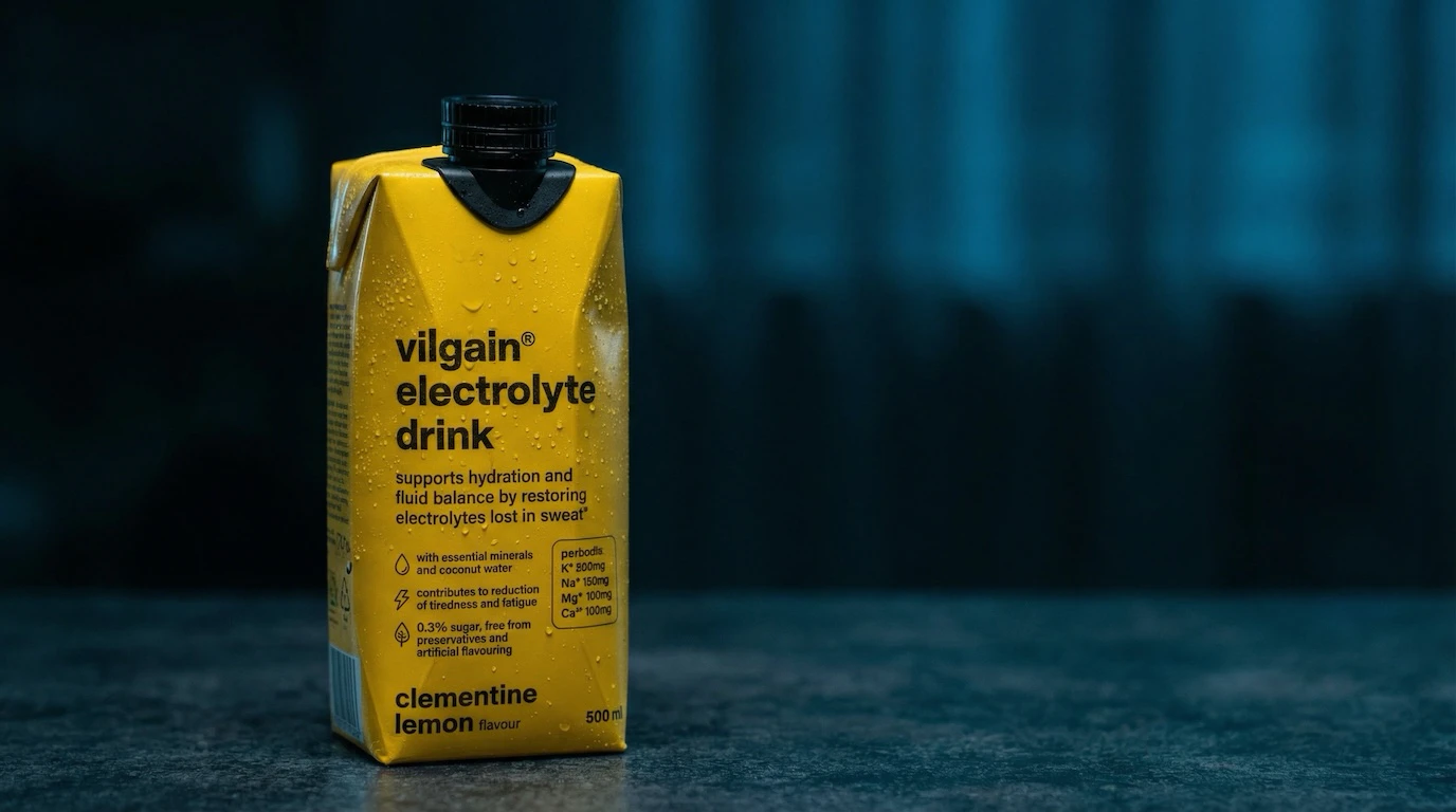 Electrolyte drink carton studio shot on dark teal background