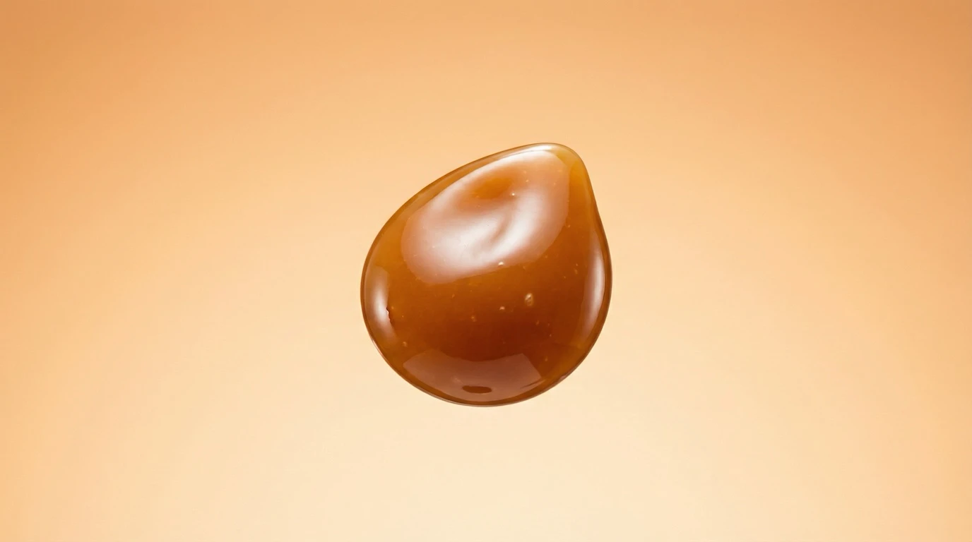 Glossy caramel dollop on peach-colored background