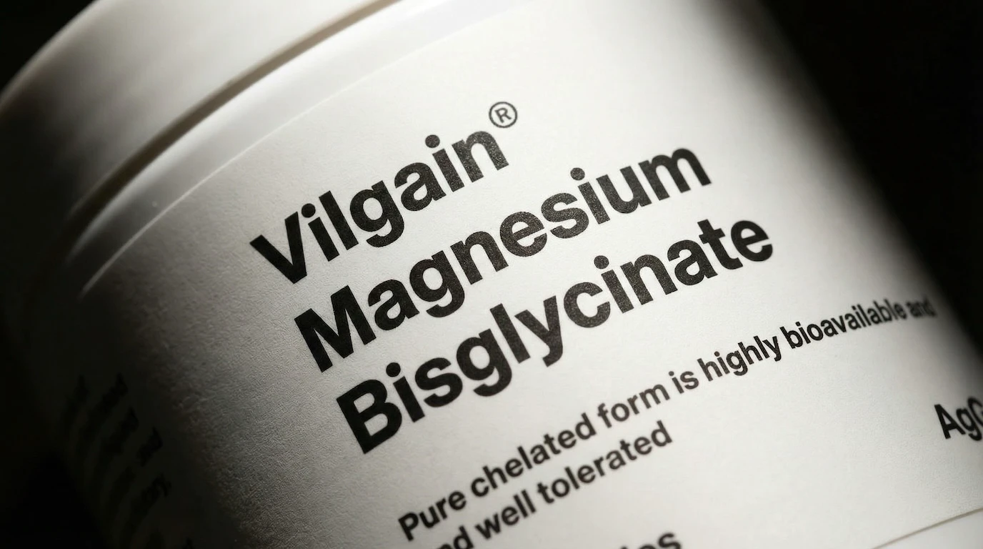 Close-up Magnesium Bisglycinate label with dramatic lighting