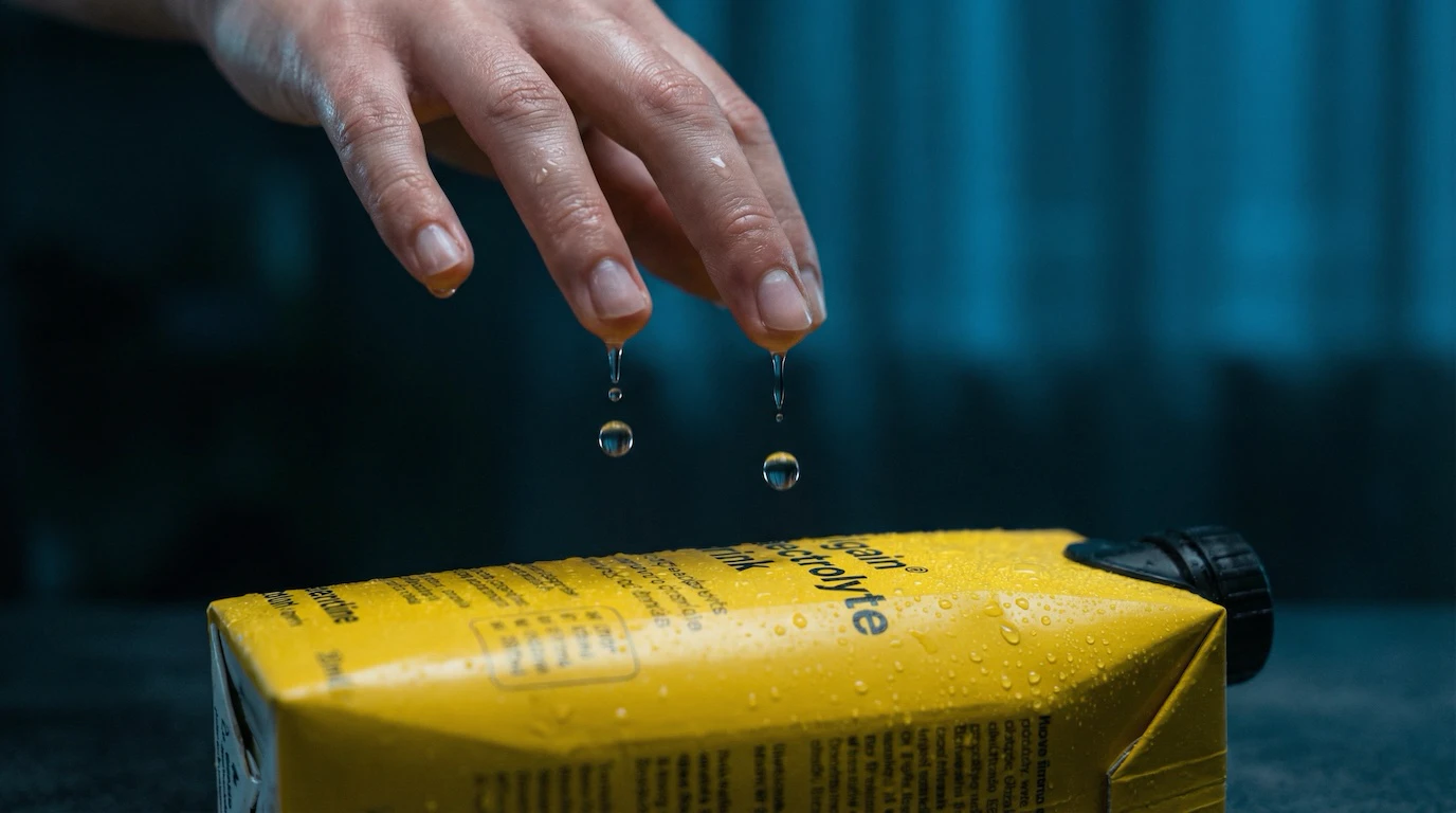 Hand with water drops falling onto electrolyte drink carton