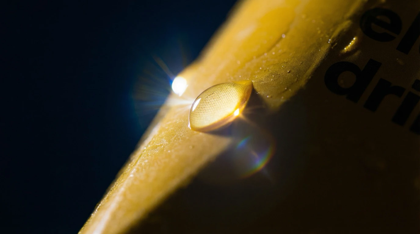 Macro water droplet on yellow carton surface with lens flare