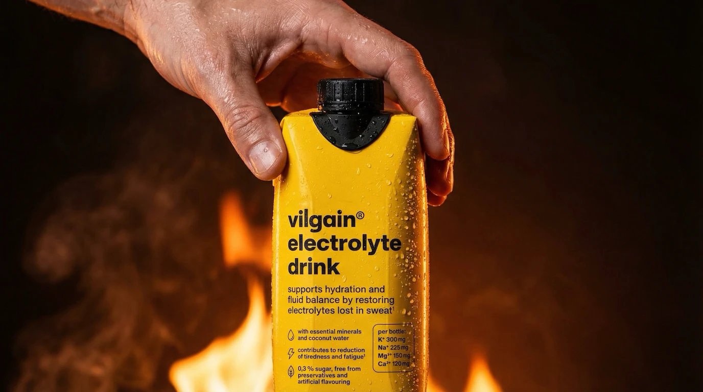 Hand gripping electrolyte drink carton with fire background